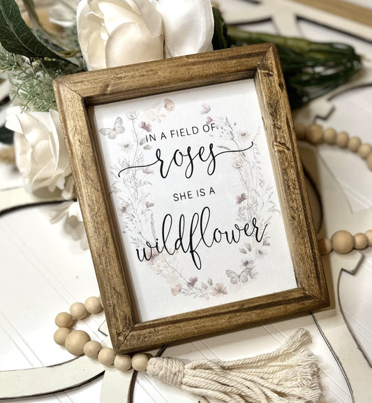 Rustic Wood Framed Wildflower Canvas Sign - Boho Nursery Decor Botanical Art for Girl's Room