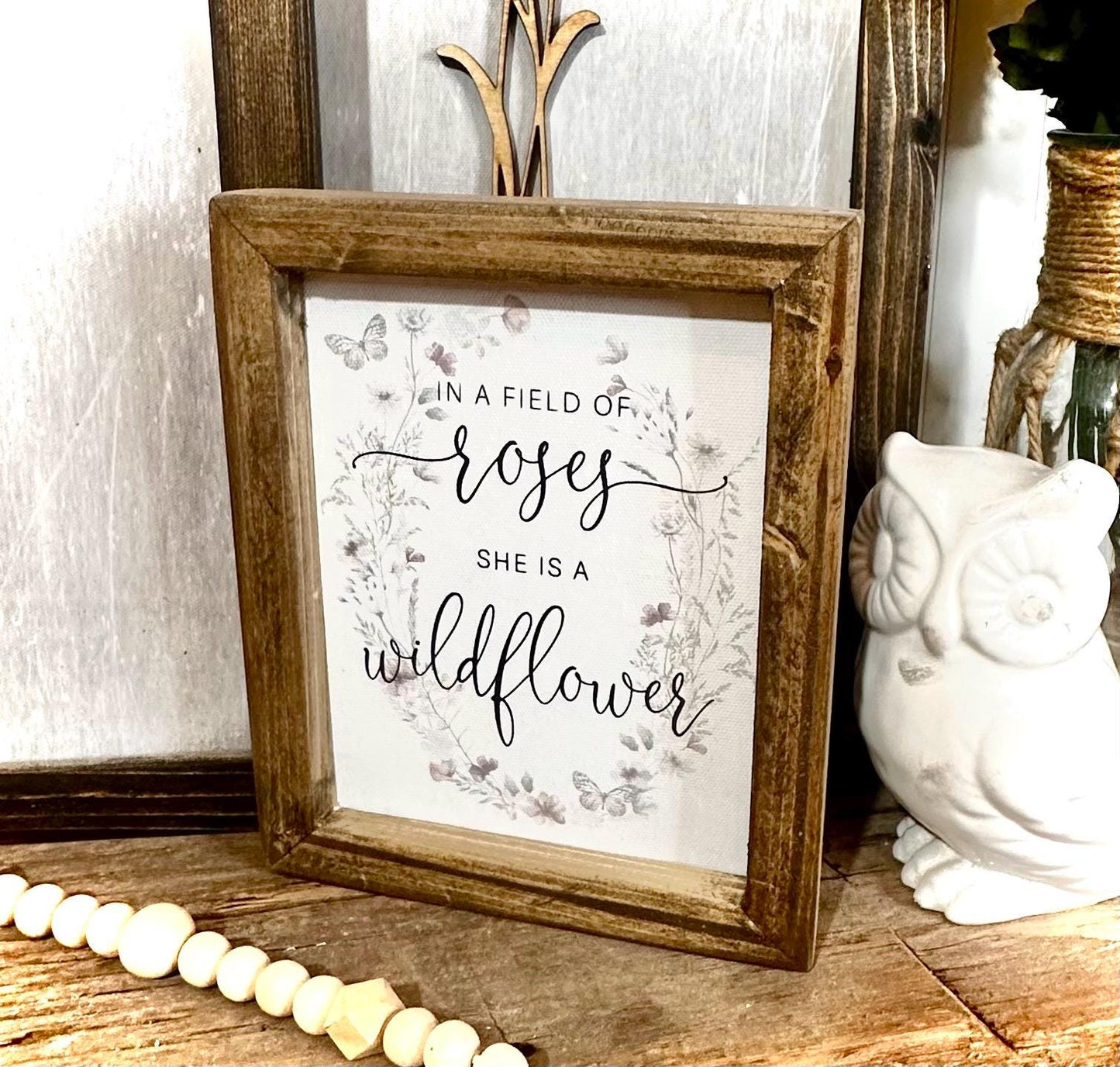 Rustic Wood Framed Wildflower Canvas Sign - Boho Nursery Decor Botanical Art for Girl's Room