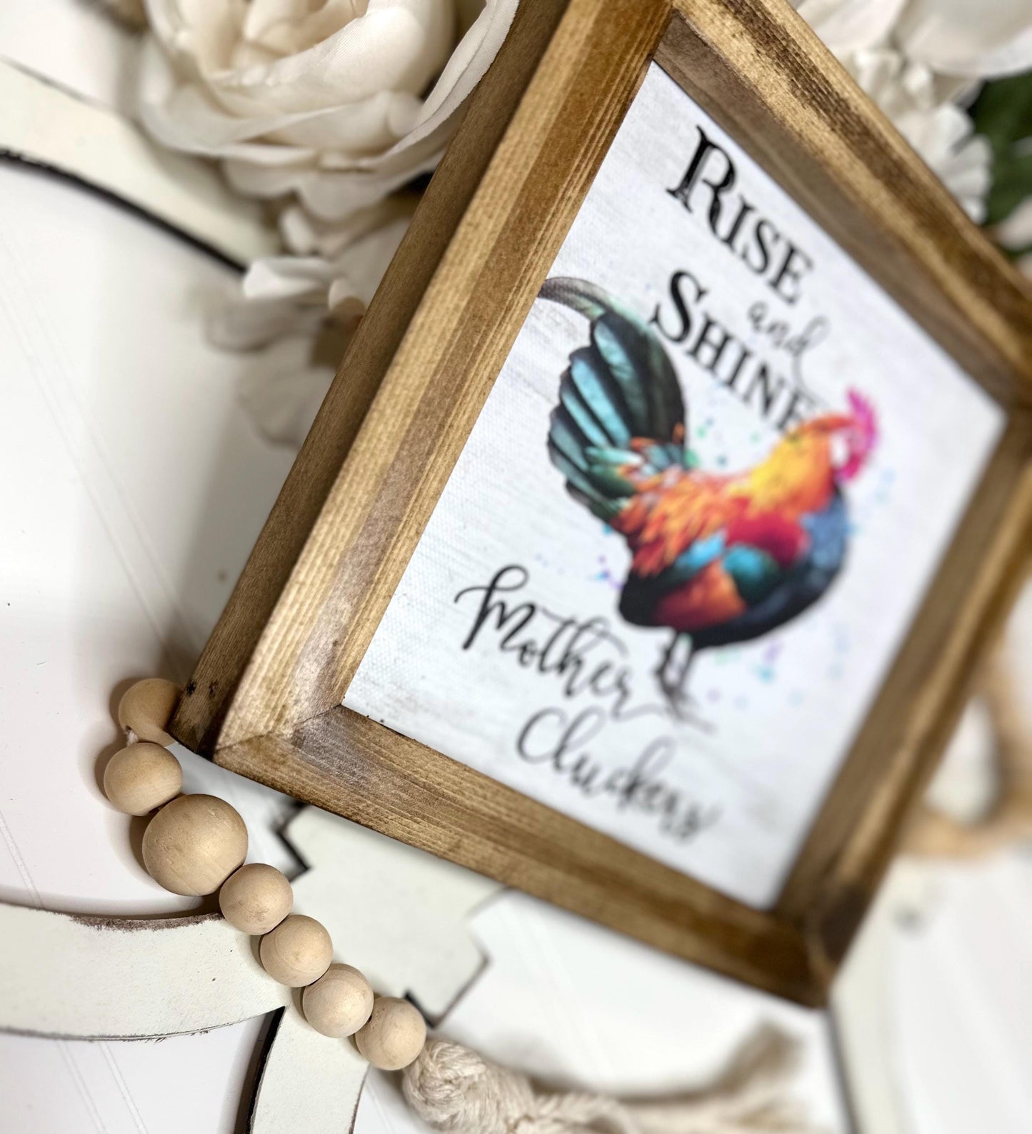 Funny Farmhouse Chicken Sign – Rise and Shine Mother Cluckers Wooden Framed Canvas Decor