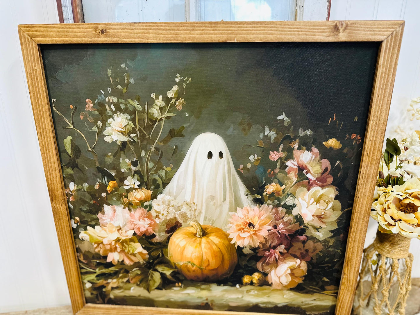 Moody Halloween Ghost Floral Wall Art | Framed Fall Canvas Decor | Rustic Ghost Mantle Print | Boho Farmhouse Halloween Wall Decor