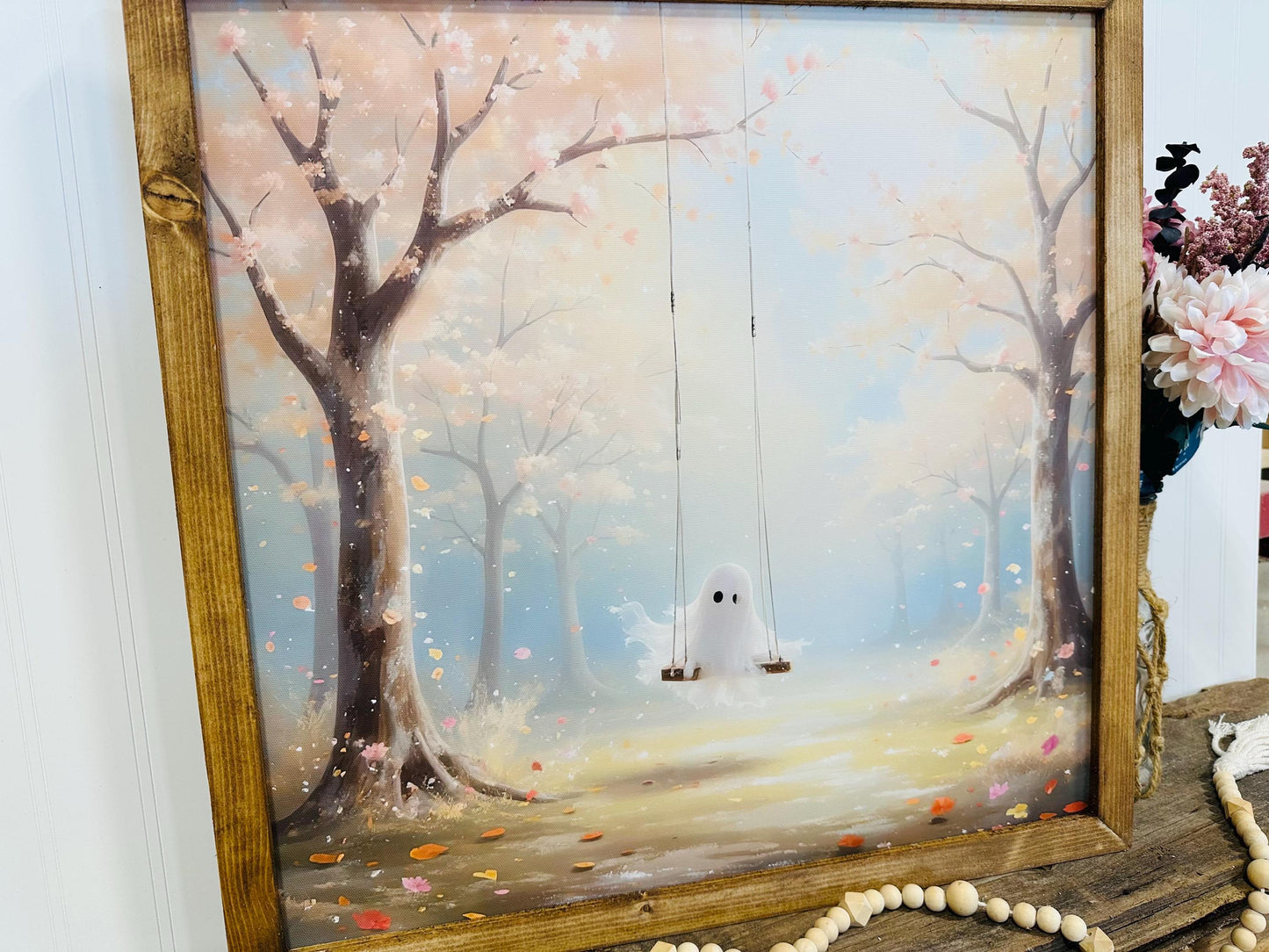 Whimsy Halloween Ghost Canvas Wall Art | Boho Farmhouse Decor | Spooky Season Rustic Wall Decor | Ghost Swing Floral Artwork
