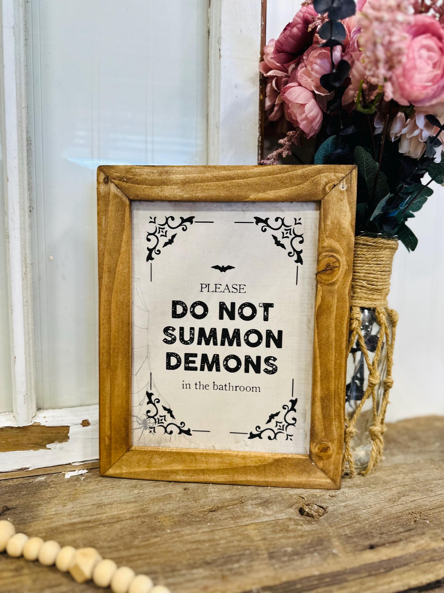 Funny Halloween Bathroom Decor, Don't Summon Demons Canvas Framed Wall Art, Farmhouse Halloween Sign, Spooky Bathroom Wall Decor