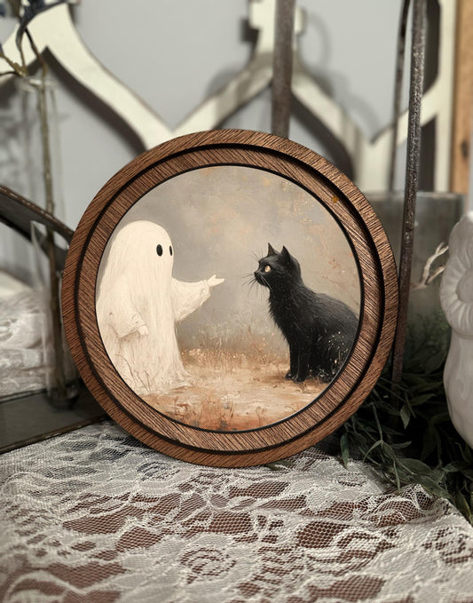 Halloween Mini Round Sign – Cute Ghost & Black Cat Moody Decor for Spooky Home, Trick or Treat Party, Halloween Gift