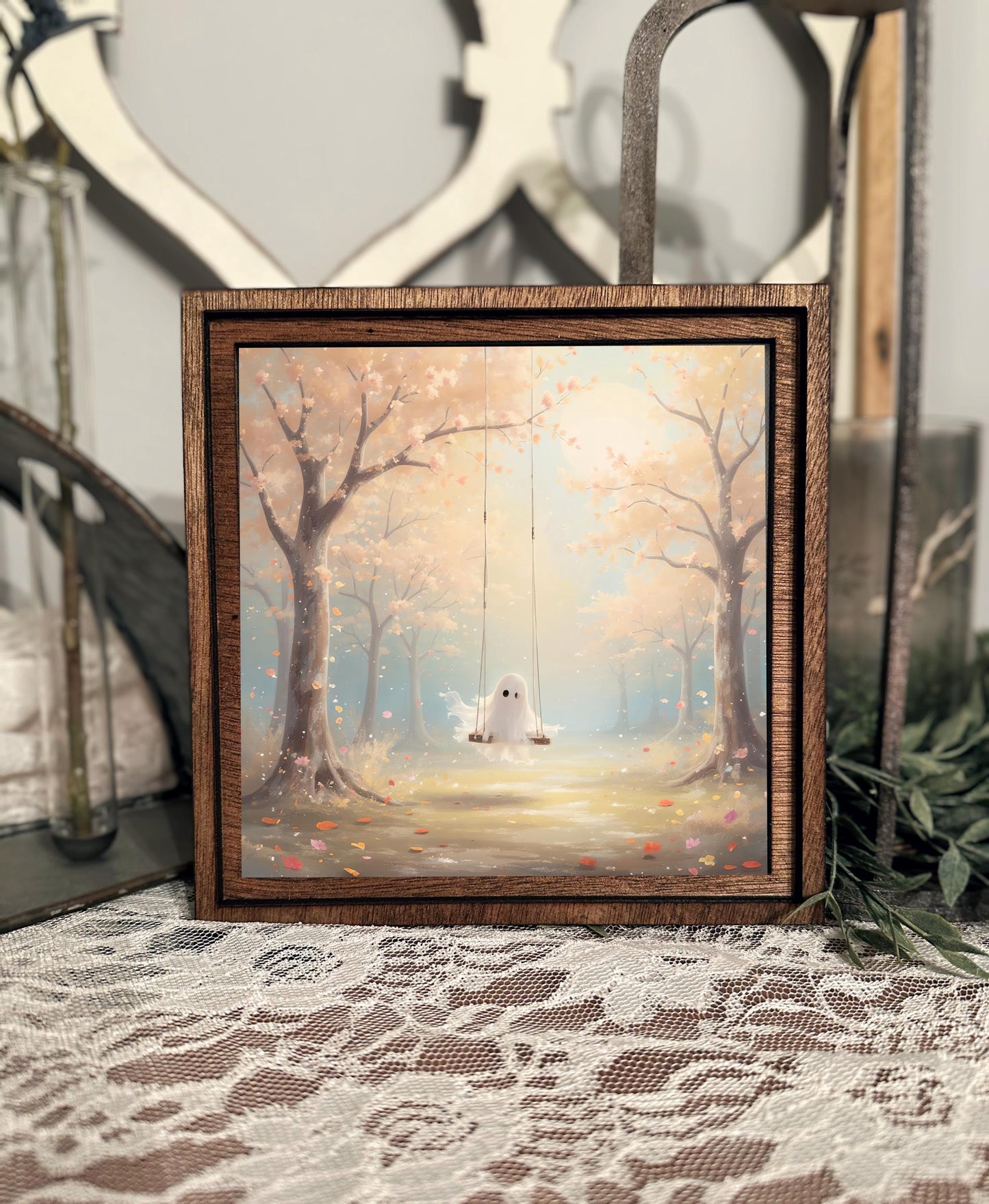 Swinging Ghost Wood Framed Canvas Art, Cute Mystical Halloween Sign, Festive Autumn Tabletop Decor, Enchanting Fall Home Decor