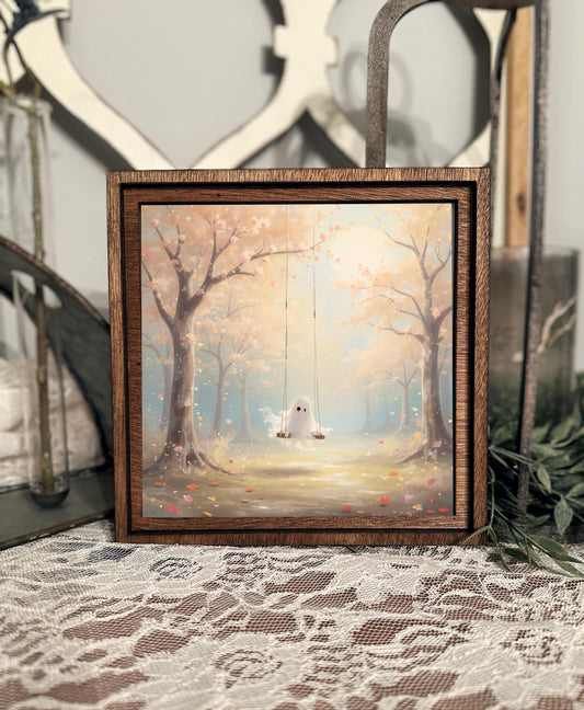 Swinging Ghost Wood Framed Canvas Art, Cute Mystical Halloween Sign, Festive Autumn Tabletop Decor, Enchanting Fall Home Decor