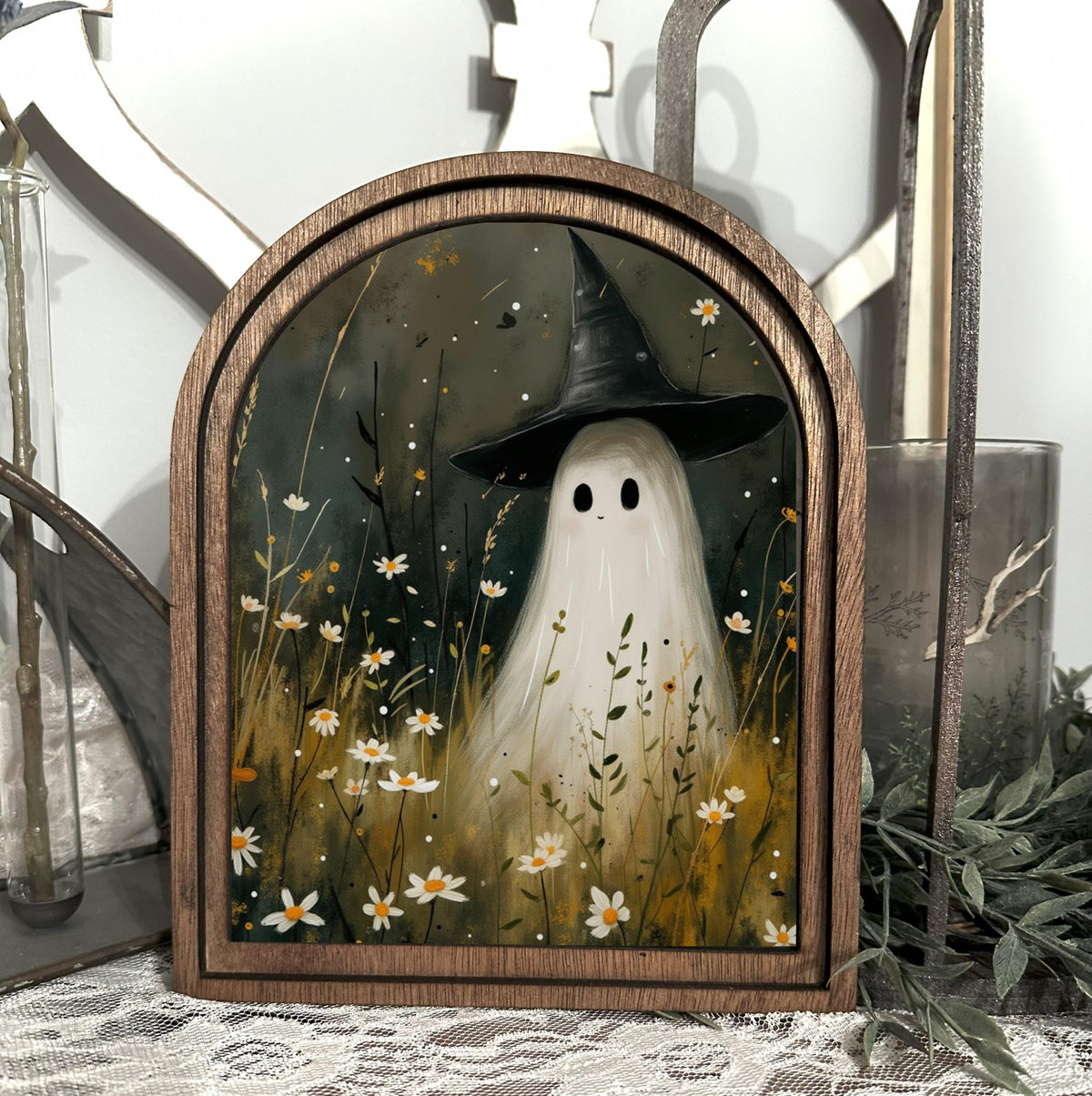 Halloween Arch Table Top Sign, Cute Ghost Witch Farmhouse Decor, Rustic Ghost Sign, Boho Halloween Autumn Accent