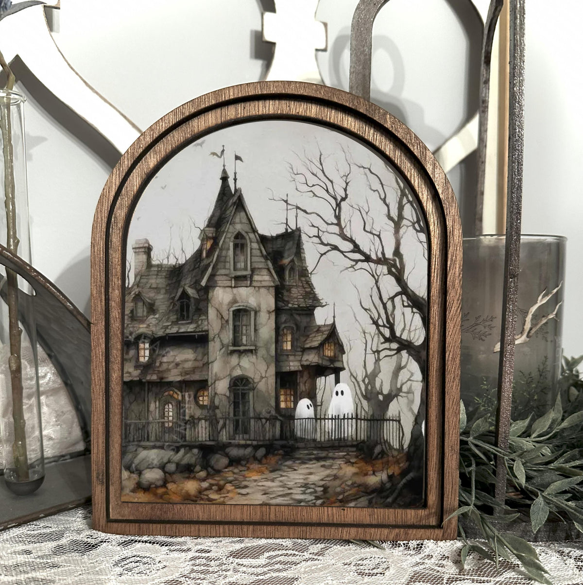 Spooky Haunted House Canvas Framed Arch Sign, Halloween Mini Decor, Rustic Wood Art, Entryway Tabletop October Decor