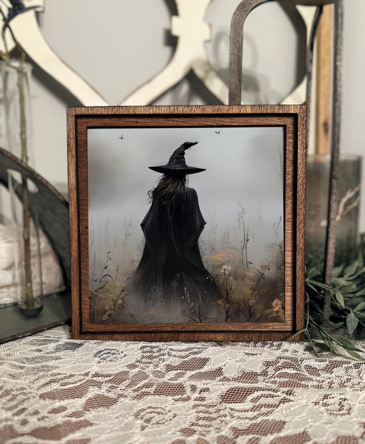 Mystical Witch Halloween Decor - Moody Tabletop Wood Framed Mini Canvas Sign for Spooky Season