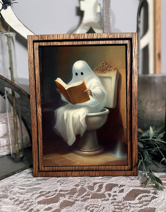 Mini Halloween Bathroom Sign, Eclectic Ghost Sitting on Toilet, October Shelf Decor, Quirky Halloween Bathroom Gift