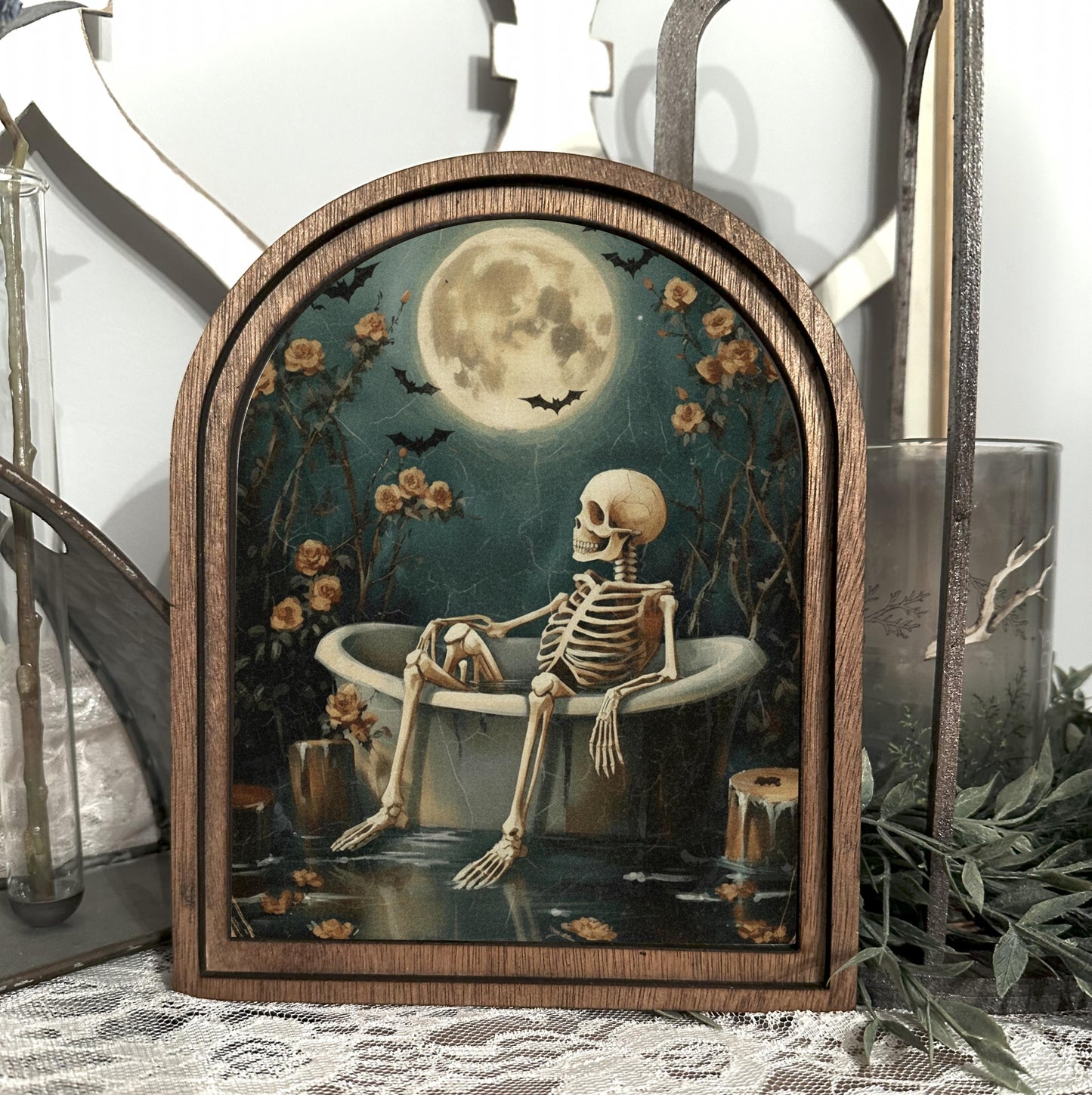 Mini Arched Halloween Bathroom Shelf Sign | Skeleton Boho Wood Canvas Decor | October Fall Autumn Seasonal Gift for Halloween Lovers