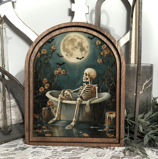 Mini Arched Halloween Bathroom Shelf Sign | Skeleton Boho Wood Canvas Decor | October Fall Autumn Seasonal Gift for Halloween Lovers
