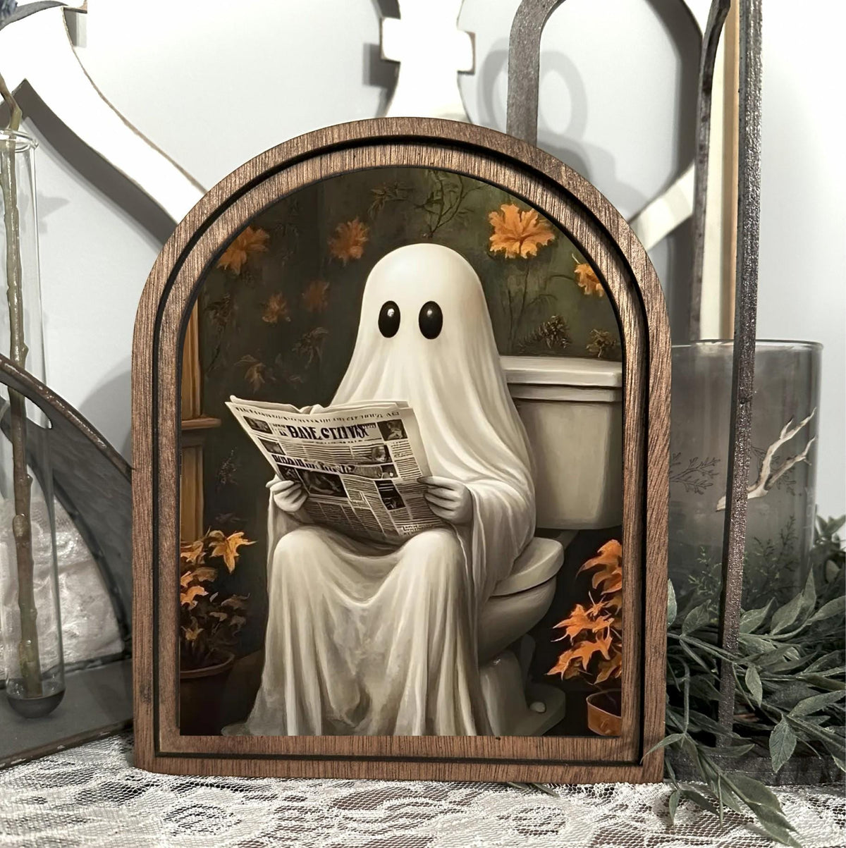Cute Halloween bathroom framed arch home decor, ghost on the potty framed wall art
