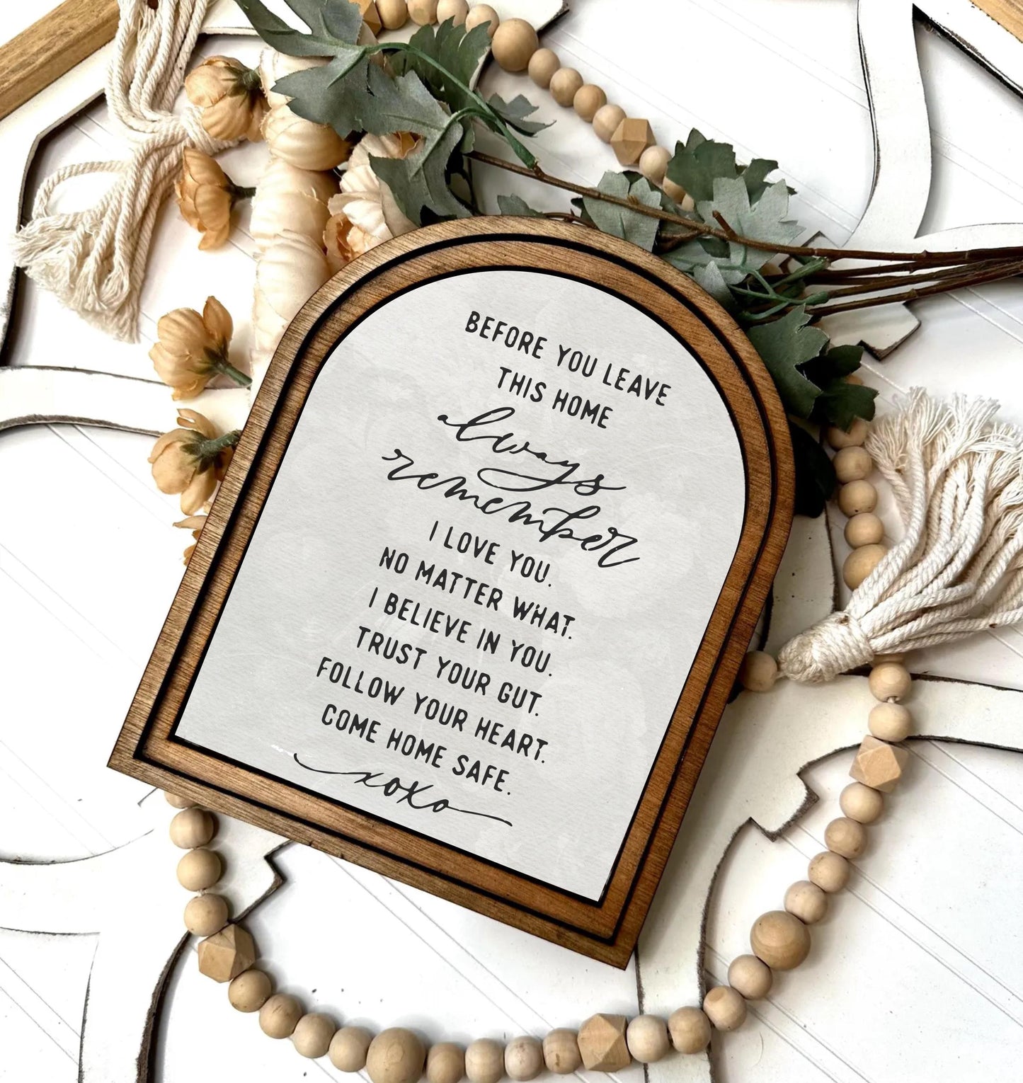 Before you leave this home Mini Arched Tabletop Sign - Inspirational Home Decor for Entryway or Desk, Unique Gift Idea