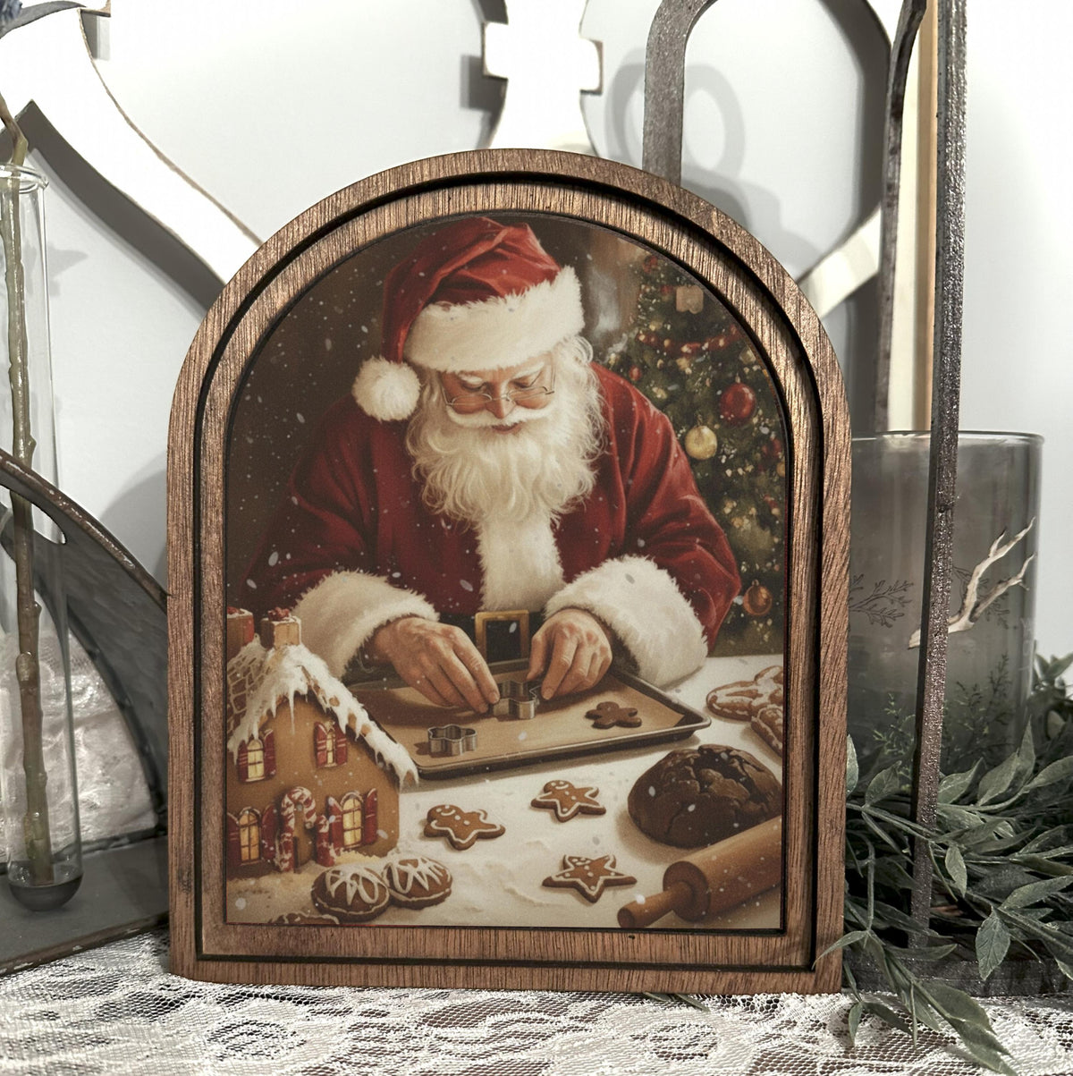 Christmas Art Print, Festive Holiday table top entry decor, Arched wood frame, Holiday gift Idea, Festive Christmas wall hanging,Santa Claus