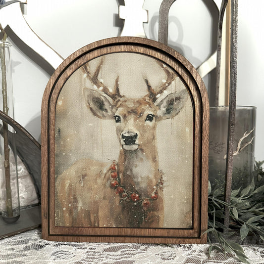 Christmas Art Print, Festive Holiday table top entry decor, Arched wood frame, Holiday gift Idea, Festive Christmas wall hanging,
