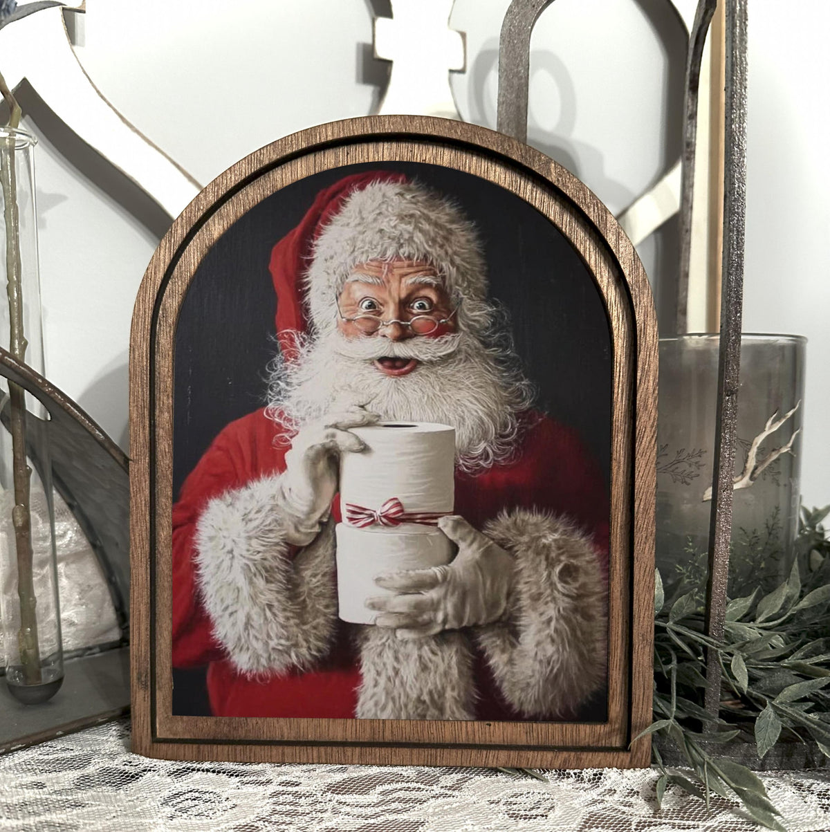 Funny Christmas Bathroom Shelf Wood Framed Mini Sign | Festive Canvas Washroom Art | Holiday Wall Decor with Santa Scene |