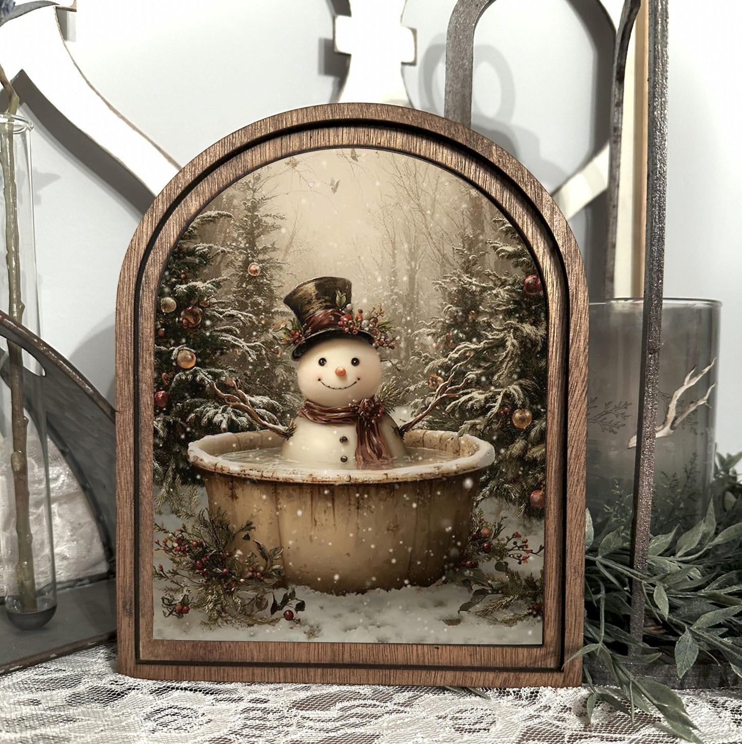 Snowman bathroom arched framed holiday decor, festive winter scene, funny Christmas accent sign