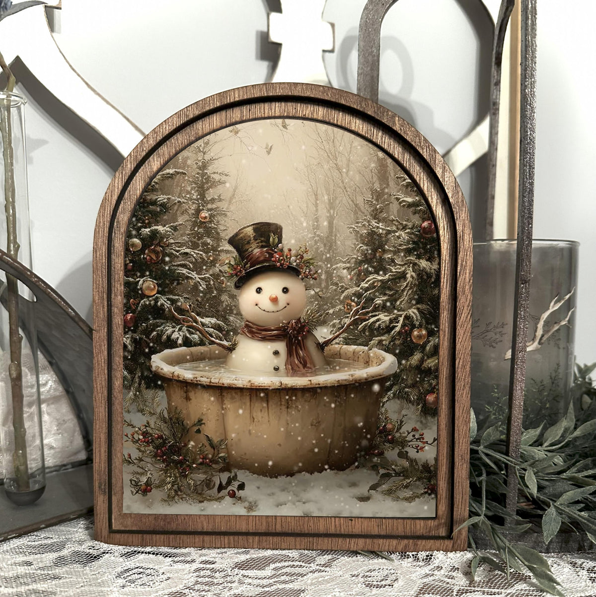 Snowman bathroom arched framed holiday decor, festive winter scene, funny Christmas accent sign