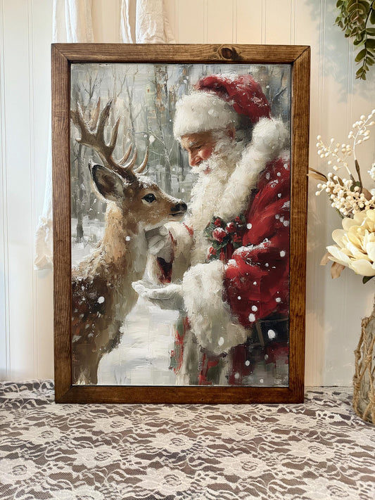 Framed Wood Sign Festive Canvas Art Featuring Santa with Reindeer for Christmas Decor