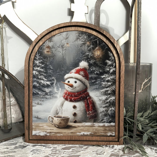 Snowman arched framed holiday decor, festive winter scene, vintage tabletop Christmas decor, snowman art print on cotton matte canvas