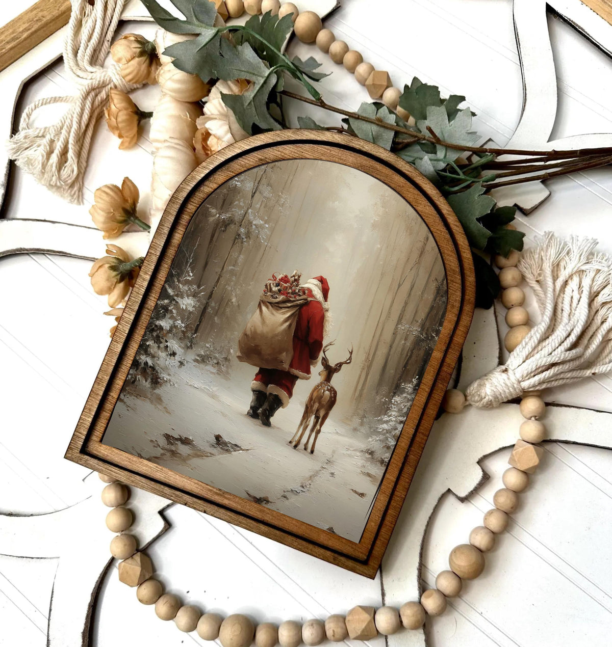 Santa and Reindeer table top wood framed arch sign, Farmhouse holiday decoration