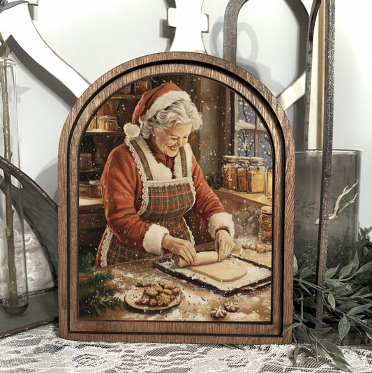 Christmas Art Print, Festive Holiday table top entry decor, Arched wood frame, Holiday gift Idea, Festive Christmas wall hanging, Mrs Claus