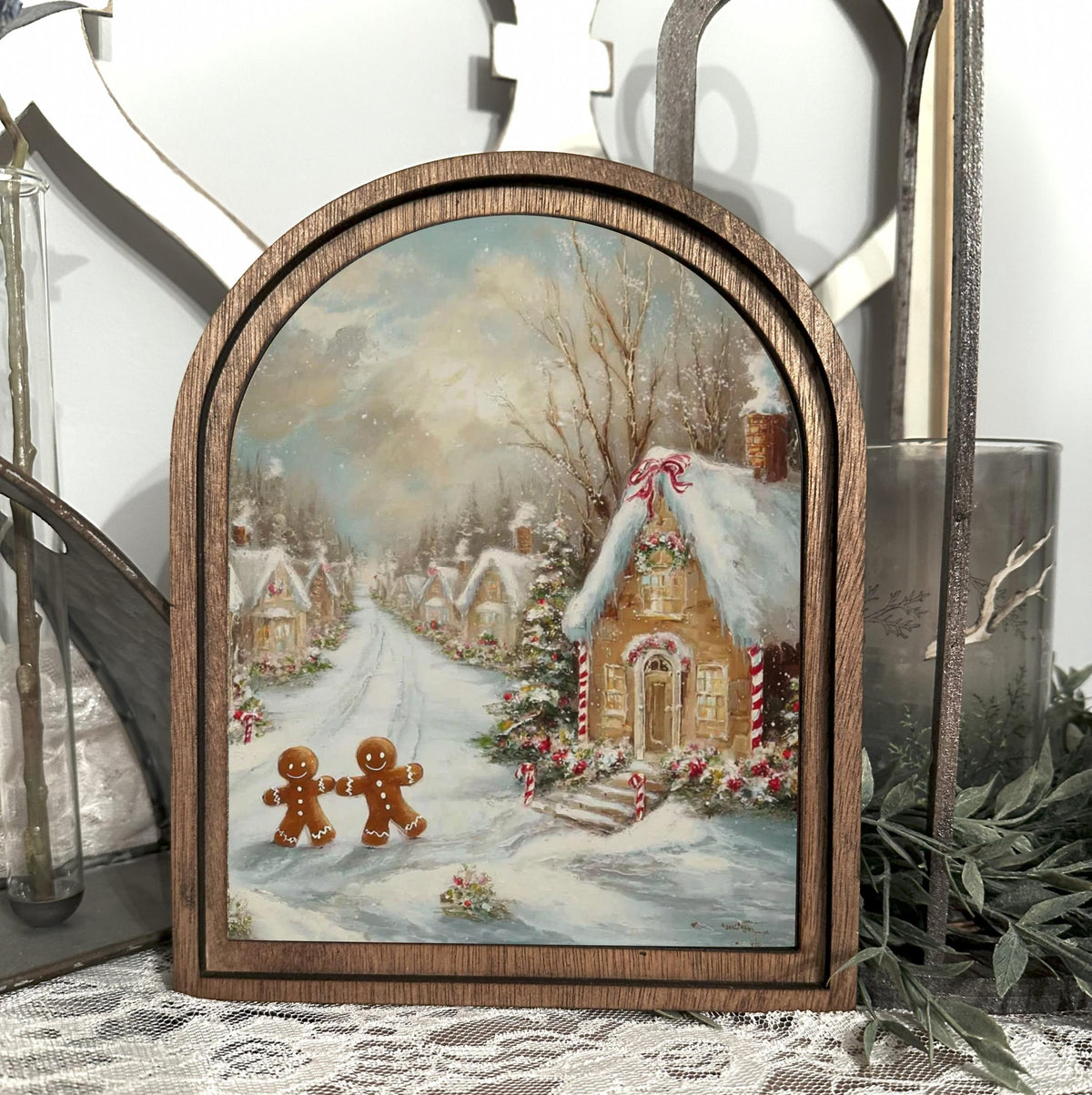 Gingerbread Christmas Art Print, Festive Holiday table top entry decor, Arched wood framed sign, Festive Christmas wall hanging,