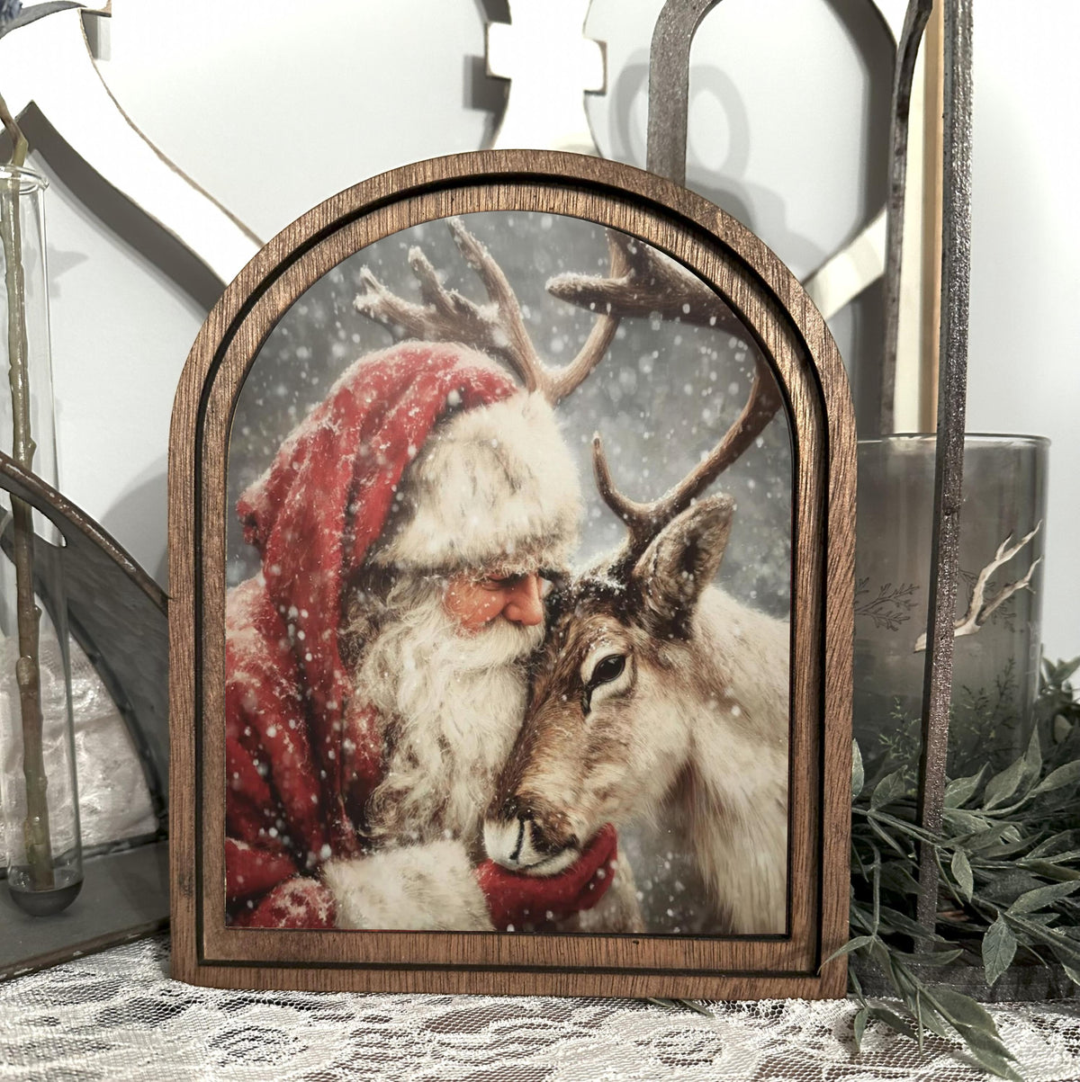 Santa and Reindeer framed art decor mini holiday table top arch sign, entryway Christmas decor