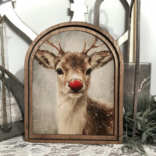 Rudolph framed art decor mini holiday table top arch sign, entryway Christmas decor