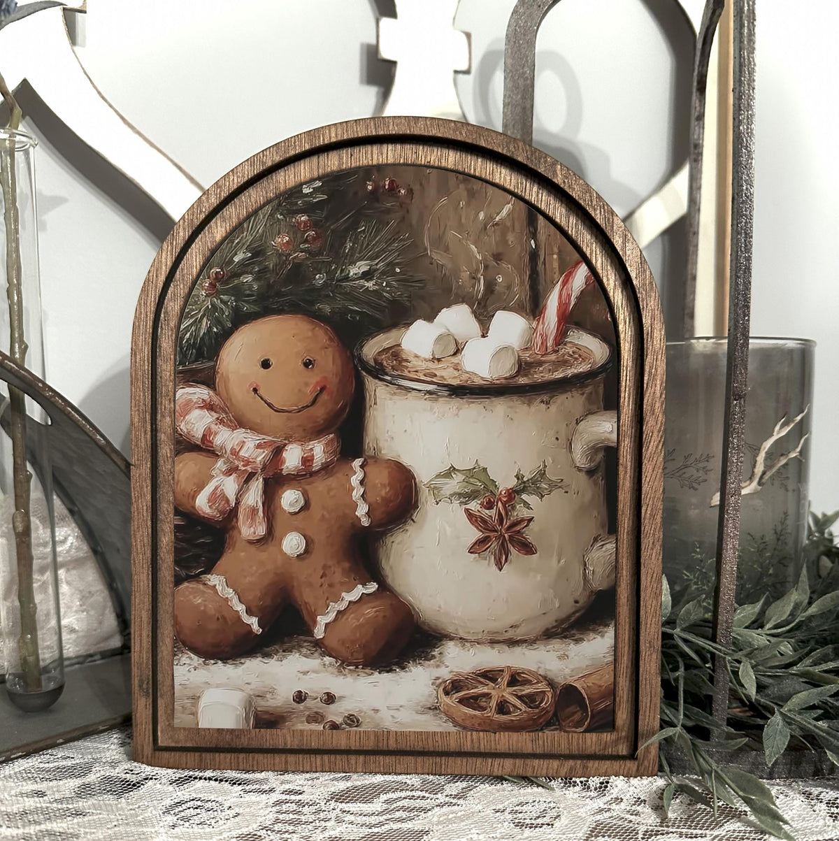 Hot cocoa bar Christmas Art Print, Festive Holiday Gingerbread decor, Arched wood framed sign, Festive Christmas wall hanging,