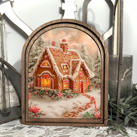 Gingerbread house Christmas wood framed arch print, festive holiday tabletop decor, vintage arched wall sign,