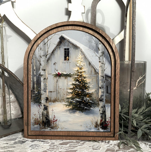 Christmas holiday home decor, arched frame sign table top canvas art print vintage winter scene, mini holiday accent sign