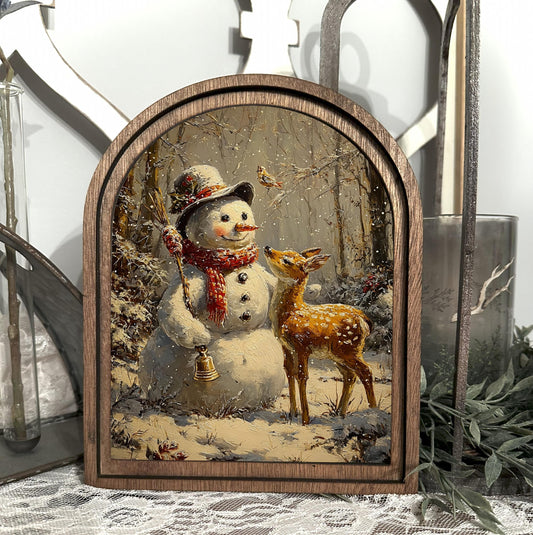 Snowman arched framed holiday decor, festive winter scene, vintage tabletop Christmas decor, snowman art print