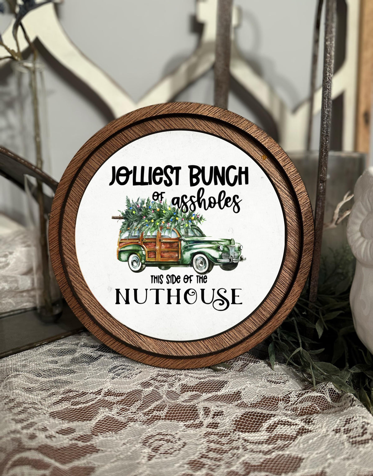 Jolliest Bunch of Funny Christmas Sign Tabletop Wood Framed Mini Canvas Art | Holiday Decor, Rustic Christmas Gift,