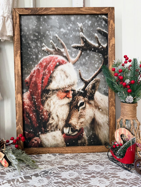 Rustic Wood Framed Santa Claus and Reindeer Canvas Art Print | Christmas Wall Decor | Farmhouse Holiday Artwork | Cozy Winter Home Decor