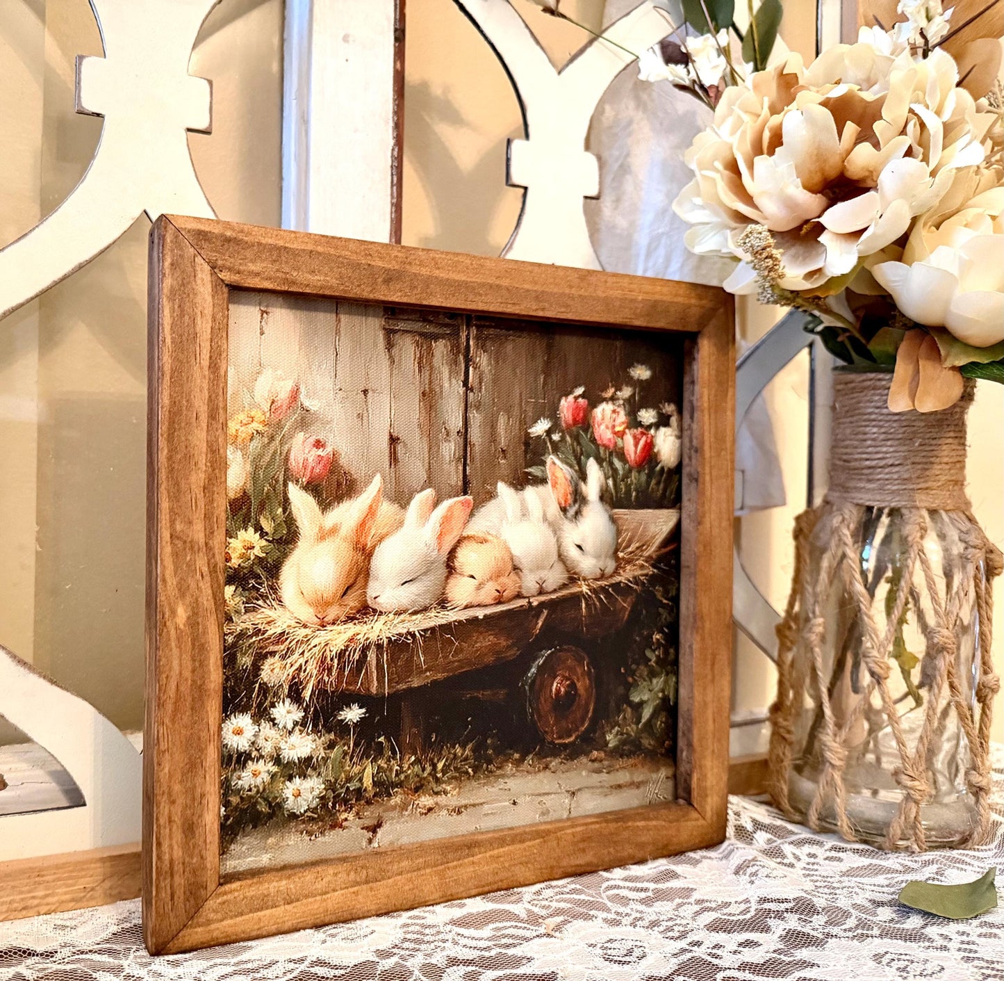 Spring Easter Bunny Wall Art • Rustic Wood Framed Canvas Sign • Farmhouse Bunny Decor • Spring Floral Bunny Print •