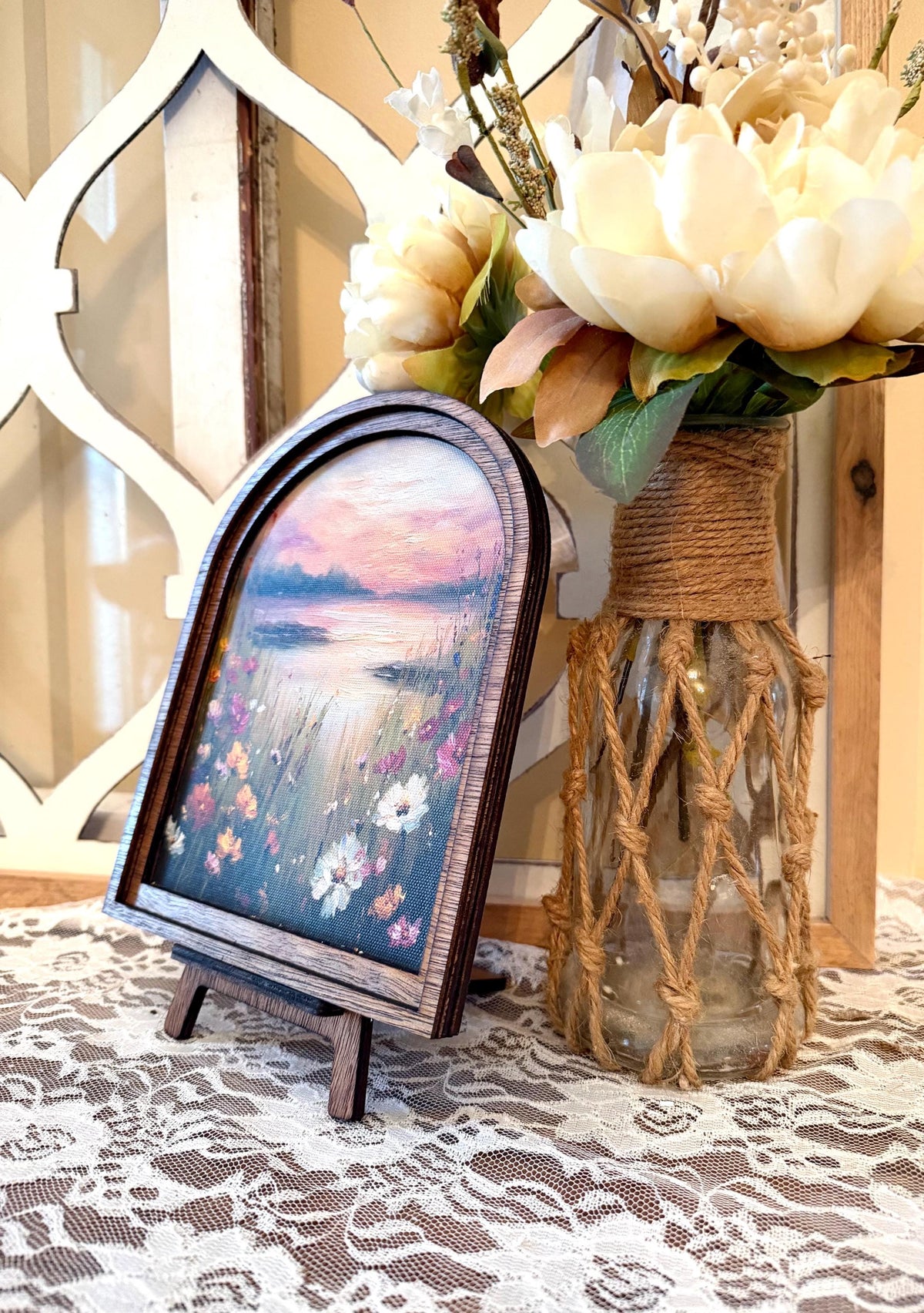 Arched Wood Framed Canvas Art, Wildflower Landscape Sunset Painting, Rustic Farmhouse Home Accent, Nature Wall Decor