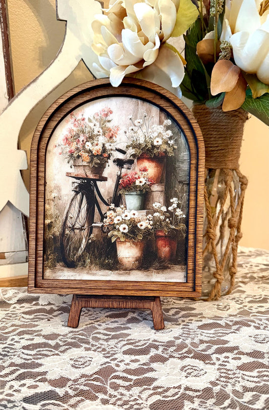 Spring Floral Wood Framed Arch Canvas Print, Farmhouse Cottage Decor, Vintage Bicycle Art, Shelf Tabletop Mantel Home Accent