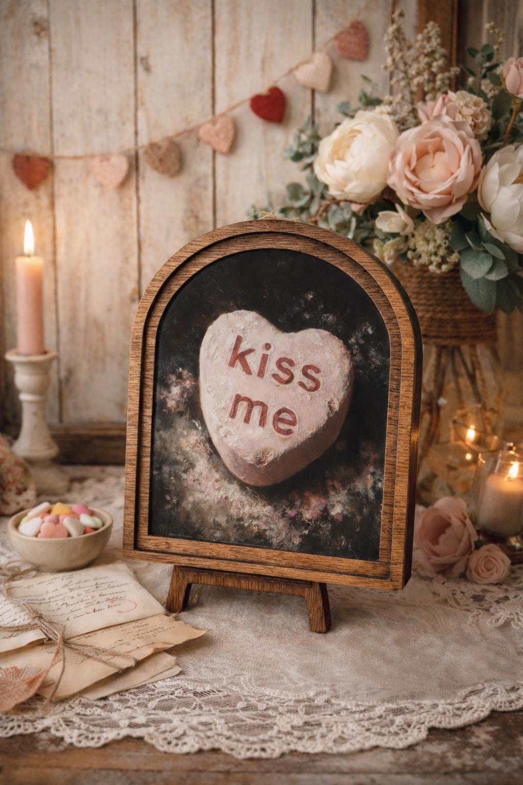 Kiss Me Valentine’s Day Mini Arch Sign – Rustic Farmhouse Décor, Candy Heart Shelf Sitter, Tiered Tray Sign