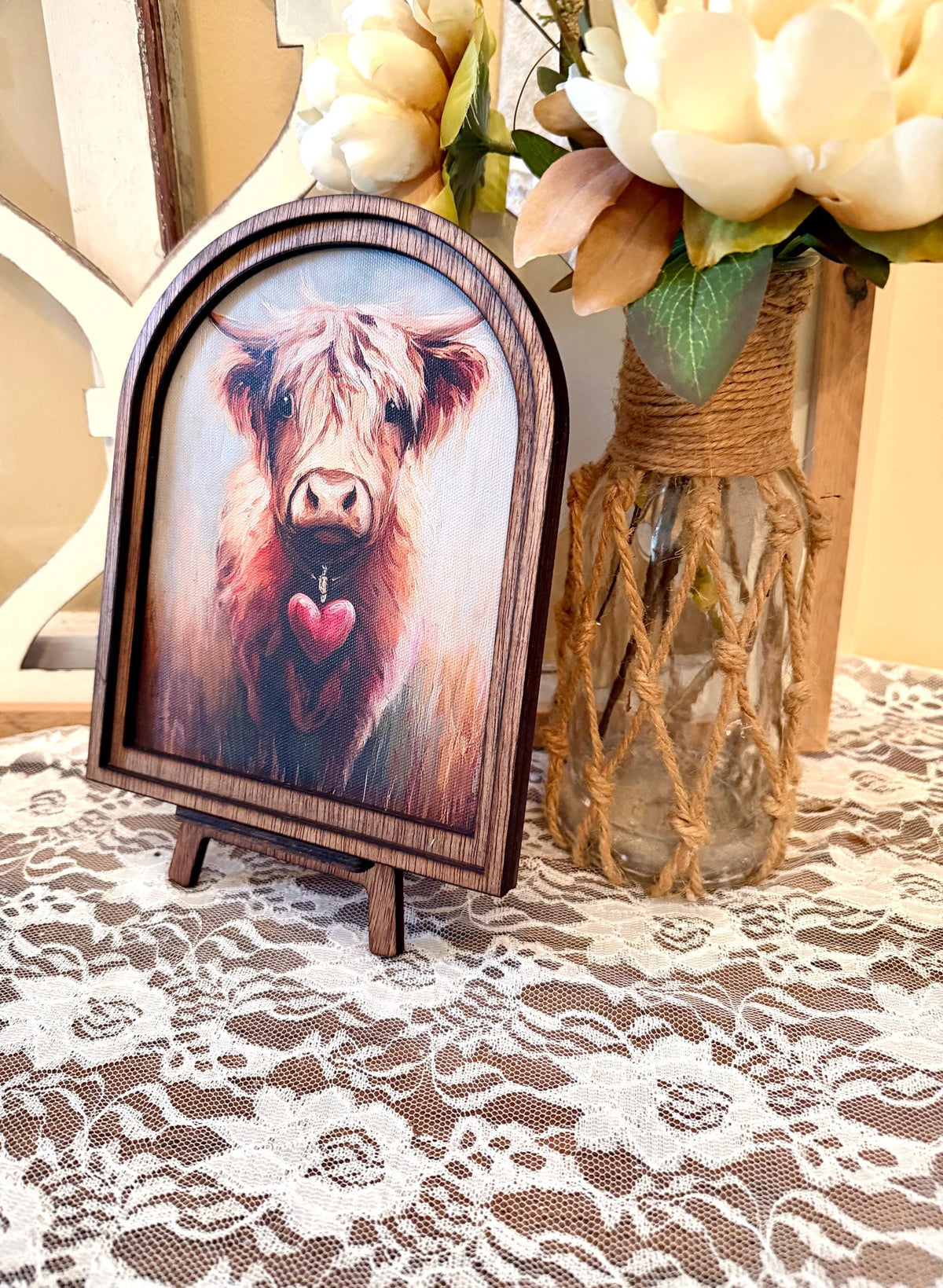 Wood Framed Valentine’s Day Arch Sign – Rustic Farmhouse Decor – Romantic Tabletop Shelf Sign