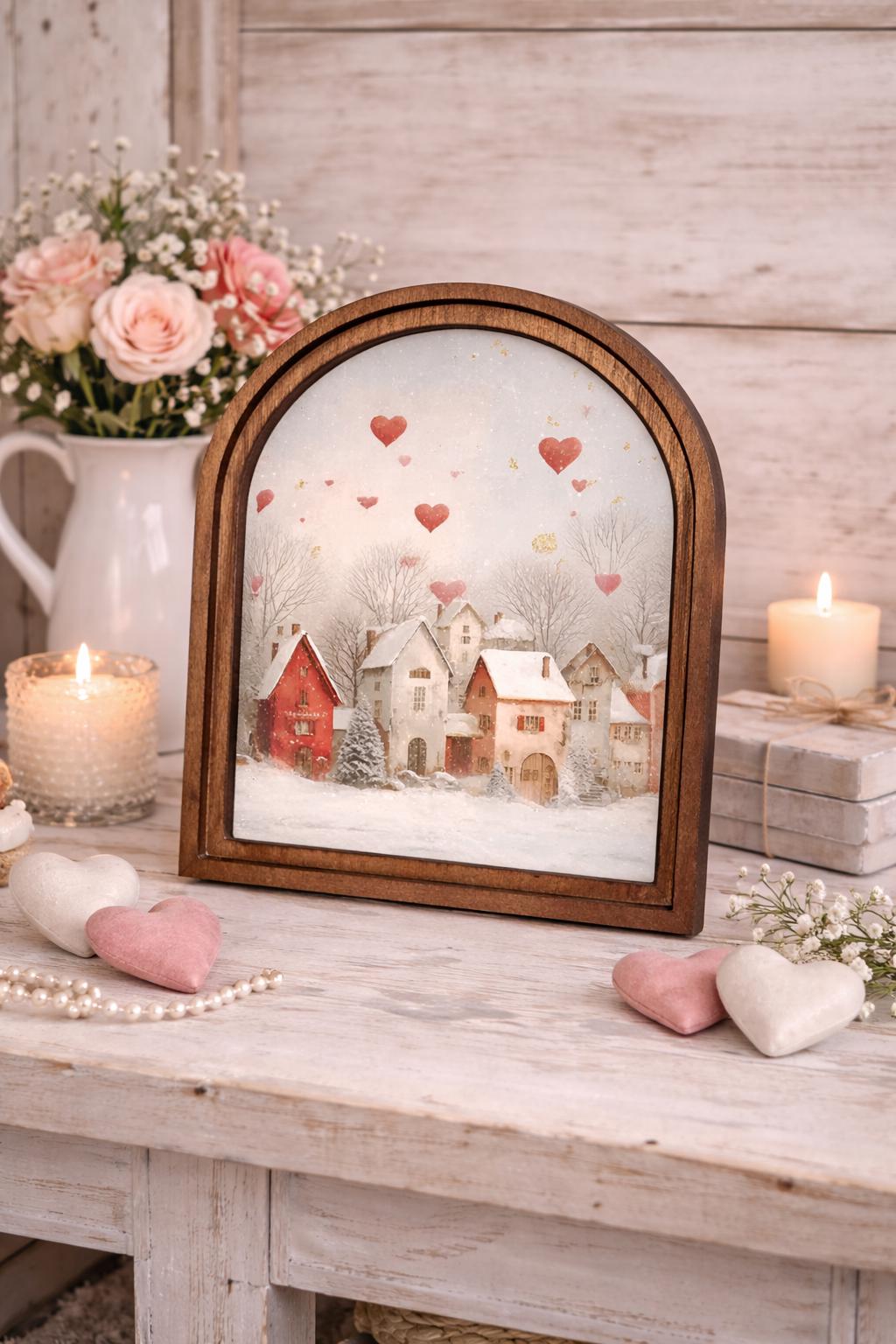 Valentine’s Day Arched Wood Frame Decor – Romantic Farmhouse Village Art – Rustic Wooden Sign Home Accent