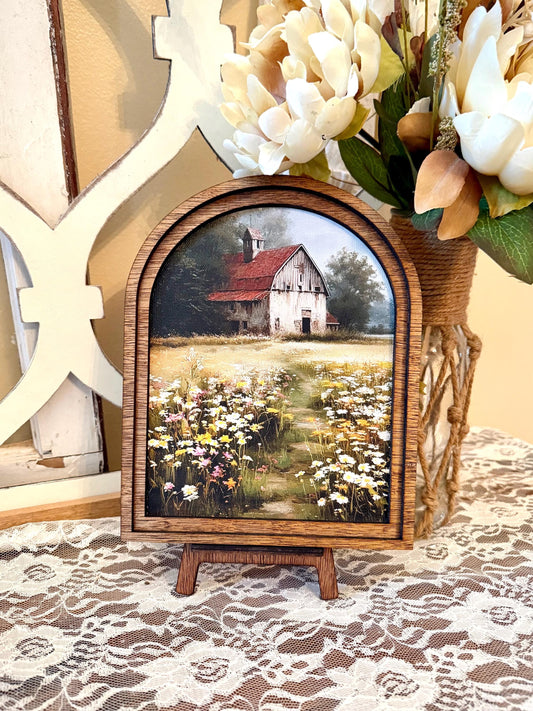 Canvas Wood Framed Arch Print, Farmhouse Rustic Barn framed Canvas Print, Spring Flower Field Home Accent