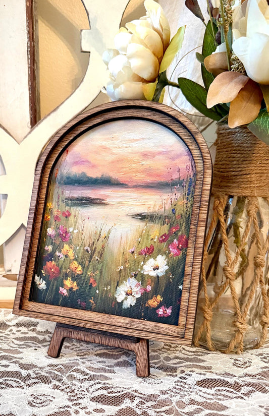 Arched Wood Framed Canvas Art, Wildflower Landscape Sunset Painting, Rustic Farmhouse Home Accent, Nature Wall Decor