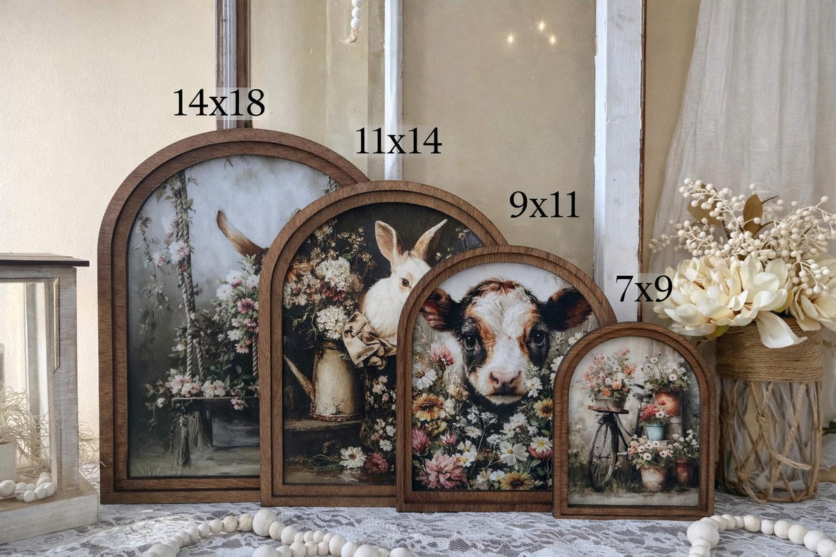 easter bunny wood arched framed home accent, Farmhouse spring shelf sitter, Wood framed easter canvas art