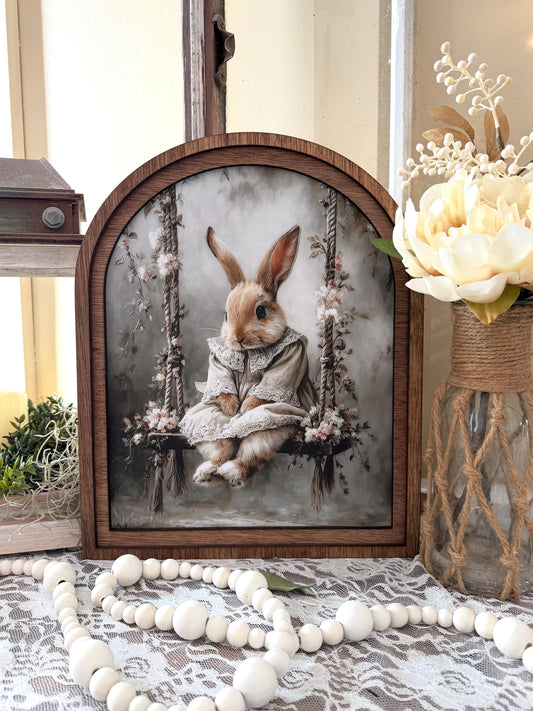 Cute bunny Easter Farmhouse Decor, Spring Easter Bunny Wood framed Art, table top arch sign