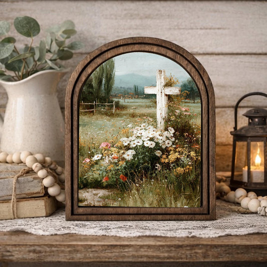 Rustic Wood Framed Cross Wall Art – Christian Wildflower Landscape Canvas – Farmhouse Religious Decor – Country Meadow Jesus Cross Artwork