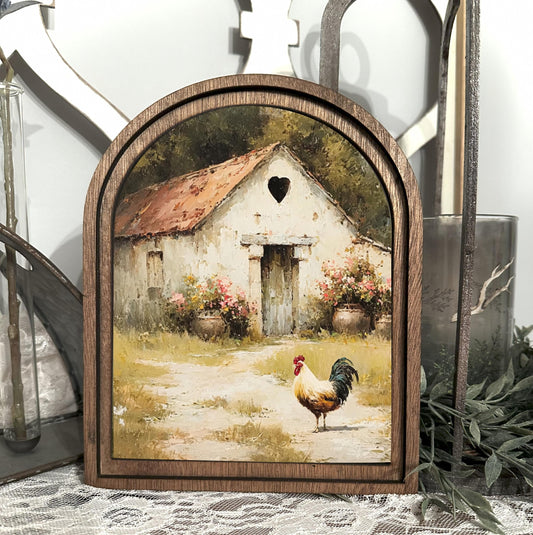 Rustic Farmhouse Rooster Canvas – Arched Wood Framed Wall Art – Spring Country Cottage Decor – Handmade Mantel & Entryway Accent