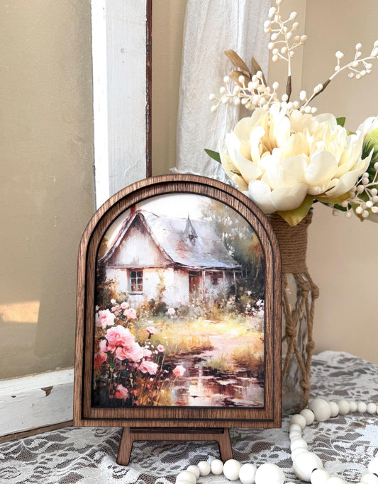 Spring country cottage wood framed Canvas Sign | Arched Wood Frame | Farmhouse Spring Decor | Easter Shelf Sitter |