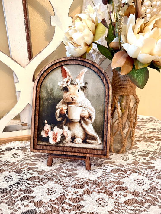 Rustic Bunny wood framed Canvas Sign | Arched Wood Frame | Farmhouse Spring Decor | Easter Shelf Sitter |