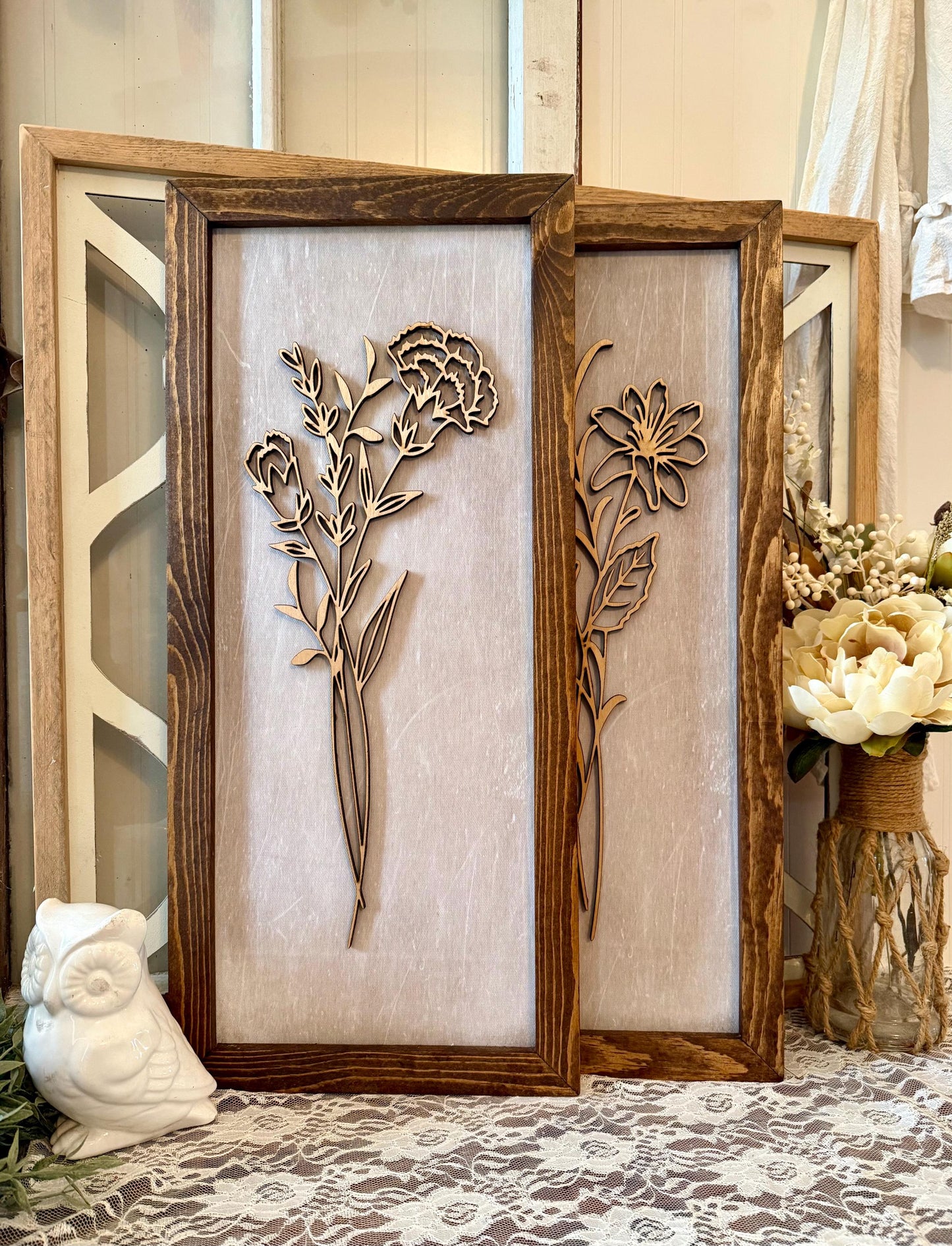 wooden 3D boho floral framed wall art modern farmhouse botanical wall decor